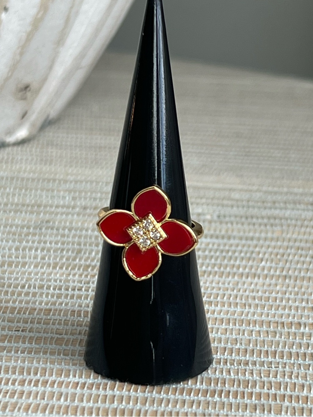 Adjustable Red Flower Enamel Ring with Pavé Center